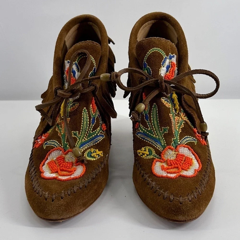 Tory Burch Brown Embroidered Ankle Boots - Picture 5 of 12